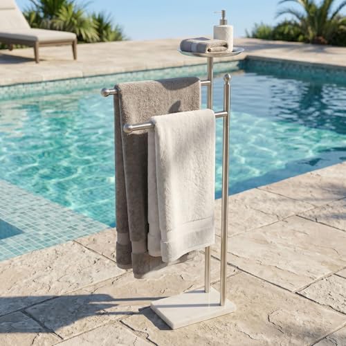 Songtec Bath Towel Rack Stand for Bathroom, 2-Tier Towel Holder Stand for Bath Towels Max to 68” & 60” Long, Practical Shelf on Top for Phone, Shampoo, Body Wash