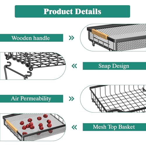 Giwil 3 Tier Countertop Fruit Mesh Basket for Kitchen, Vegetable Storage Bread Fruit Bowl Stand with 2 Banana Hooks, Wall Mounted Metal Wire Basket Organizer for Potato Onion, Black - size: 3 Tier Mesh Basket Top