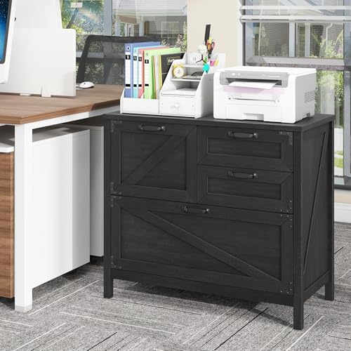 Halitaa Lateral File Cabinet with 4 Drawers, Farmhouse File Cabinet for Letter/Legal/A4 Size Hanging Files, Large Wood File Storage Cabinets Printer Stand for Home Office Cabinets, Black