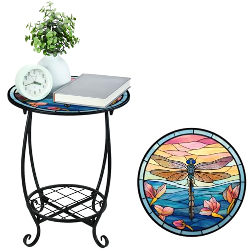 Cinnvoice Outdoor Side Table Round Small Mosaic Patio Accent Indoor End Plant Coffee Tea Table for Yard Patio Porch Garden Living Room, Bedroom(Dragonfly Style,12 Inch) - size: 12 Inch, style: Dragonfly Style