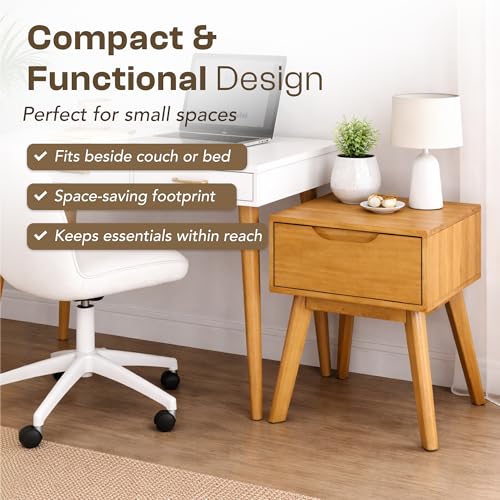 Scandinavian Nightstand - Pine Bedside Table - with Drawer | Solid Wood Construction, 18.5 x 16.93 x 15.75 in, Light Natural Finish, Square Shape, Leg Base, Easy Assembly
