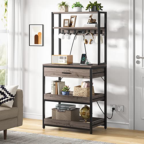 LITTLE TREE Kitchen Baker’s Rack with Power Outlets, Freestanding 5-Tier Microwave Stand with Drawers & Sliding Shelves, Coffee Bar with 6 Hooks for Dining Room Living Room, Grey & Black - color: Grey Black