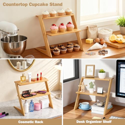 3 Tier Table Top Countertop Small Plant Stand with Shelf Adjustable | Bamboo Wooden Desk Plants Succulent Stand, Office Flower Pot Holder Rack ,Cup Cake Stand, Kitchen Spice Rack