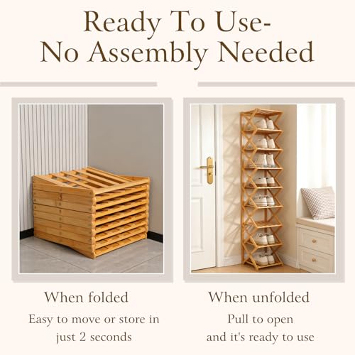 Foldable Shoe Rack, Tier No-Assembly Bamboo Rack, 2026 New Portable Bamboo Corner Shoe Rack, Multifunctional Narrow Shoe Shelf for Entryway, Closet, Corner, Bedroom (2 Layers)
