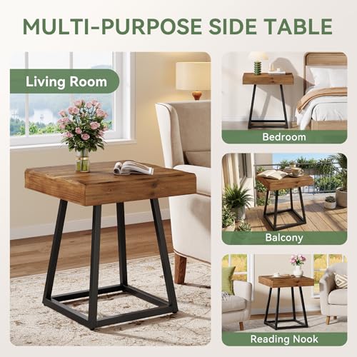 Solid Wood End Table, 19.7" Square Side Table with Metal Frame, Industrial Nightstand for Living Room, Bedroom, Small Spaces