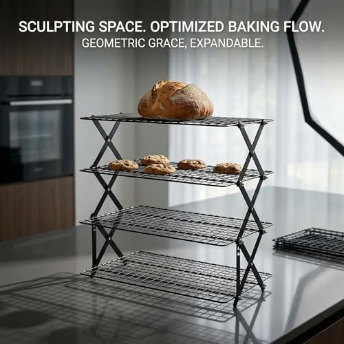4-Tier Collapsible Cooling Rack for Baking | Adjustable Stackable Wire Rack for Cookies, Cakes & Roasting | Space-Saving Foldable Design for Small Kitchens & Camping (Black) - color: Black