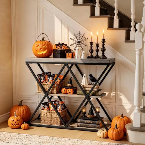 Garvee 3 Tier Console Table,39" Industrial Entryway Table,Open Wood Shelves | Sofa Table,Narrow Wood Accent Tables with Metal Frame for Hallway,Living Room,Behind Couch,Foyer,Entrance,Gray - color: Gray + X-shaped