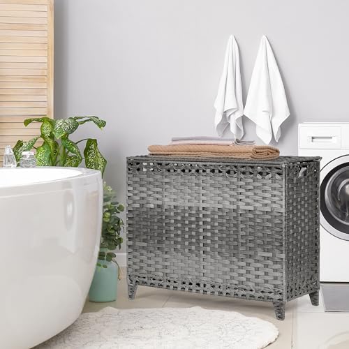 Laundry Hamper with 4 Removable Liner Bags; 176L Handwoven Rattan Laundry Basket with Lid & Heightened Feet; Clothes Hamper with Side Handles - color: Gray, size: 176L-4 Section