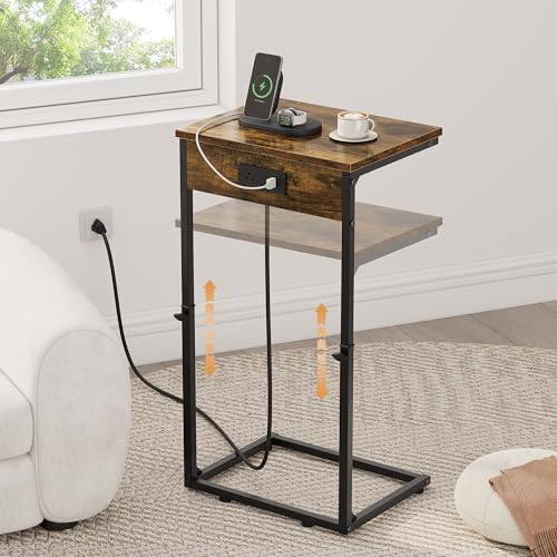 C Shaped End Tables Set of 2 with Charging Station, 33.2'' Tall C Table Adjustable Height Side Table, Small Side Table for Small Spaces, Couch Sofa Table TV Tray for Living Room, Rustic Brown - color: Rustic Brown (2 Pack), style: With Plug