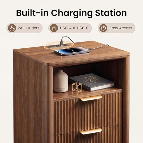 LYNCOHOME 19.7" Fluted Nightstand with Charging Station, 2 Drawer Bedside Table, Modern Night Stand with Curved Edge Design, Wooden End Table for Bedroom, Rounded Night Stand with Storage, Walnut - size: 15"D x 19.7"W x 24.2"H(2 Drawers)