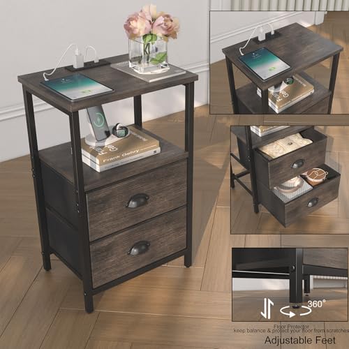 sthmec Nightstand with Charging Station, LED Night Stand Set of 2, Bedside Table End Table with Drawer, Bedroom Tables with 2 Fabric Drawers, 3-Tier Storage Side Table for Bedroom, Black Oak - color: Black Oak