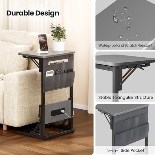 HLDIRECT C Shaped End Table with Charging Station & Storage Bag Gray | 2 USB & 2 Outlets, Storage Bag, FSC Wood, Foldable, 11.8"D x 15.7"W, for Small Spaces, Couch, Bedroom - color: Grey