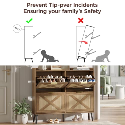 Maupvit Large Shoe Storage Cabinet with 4 Flip Drawers, Narrow Shoe Cabinet for Entryway with Wooden Legs, Freestanding Hidden Shoe Rack Organizer & Metal Hinges, Rustic Oak Rattan - color: Rustic Oak Rattan, style: 4-Drawers