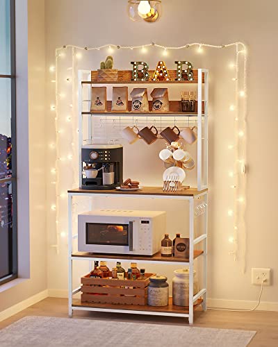 VASAGLE Bakers Rack with Power Outlet, Microwave Stand, Kitchen Tall Utility Storage Shelf, with Metal Wire Panel, 14 Hooks, 15.7 x 31.5 x 66.9 Inches, Rustic Walnut and Cloud White UKKS025W41 - color: Rustic Walnut + Cloud White, size: 31.5"W