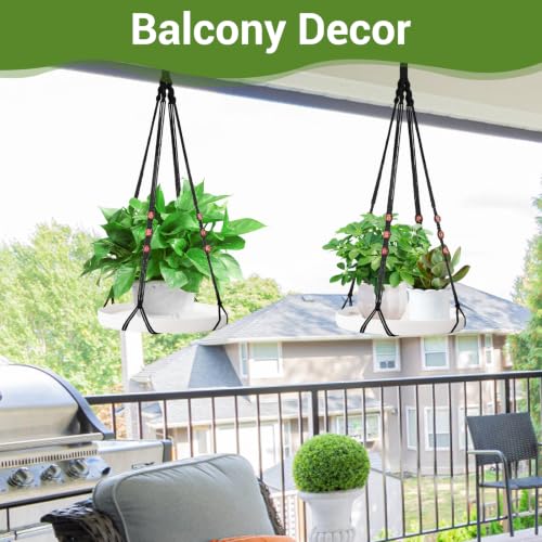 GREANER 2 Sets Hanging Plant Shelf, Black Indoor Hanging Plant Stand with Large Plastic Tray, Flower Pot Holder for Succulents, Cacti, Small Plants - color: White