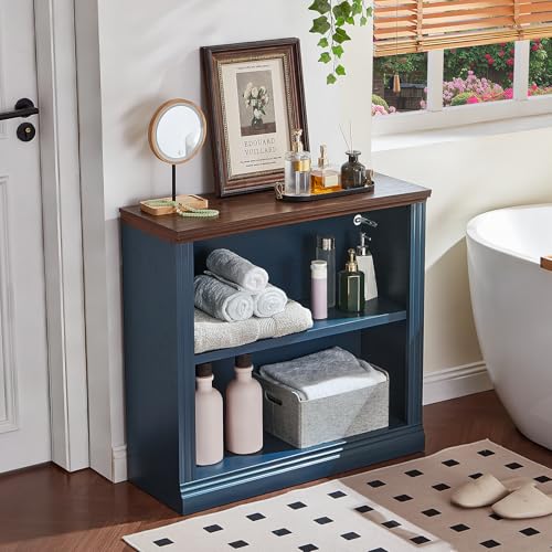 RWYHG 30" Blue Small Bookcase, 2 Tier Farmhouse Wooden Short Book Shelf | Adjustable Shelves Bookshelf, Open Display Storage, Wood Veneer Bookshelves, Thick Sturdy Base, for Living Room,Office
