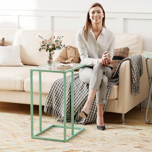 Easy Paws C Shaped Table,Glass Side End Table for Sofa,Tempered Glass Snack Couch Dinner Tv Tray Table with Metal Frame,Small Bedside Nightstand Table for Small Space(Green) - color: Green