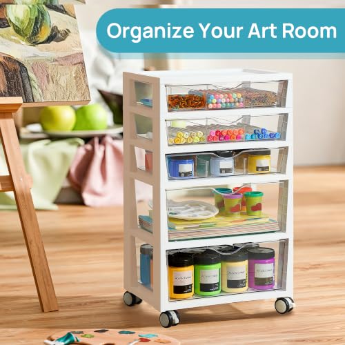 Vtopmart Plastic Drawer Storage Rolling Cart with Wheels, 5-Tier Drawer Organizer for Art Crafts Supplies, Home Office Supplies, Toys, Under Desk Storage for Office, Craft Room, Bedroom, Classroom - style: 5 Tier 5 Drawers