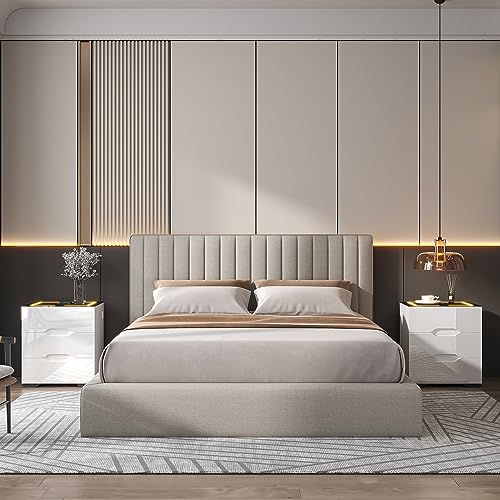 kepptory White Smart Nightstand with Wireless Charging Station & Adjustable LED Lights, High Gloss End Table with 3 Drawers & USB Charging, Bedside Table Organizer for Bedroom Use - color: White
