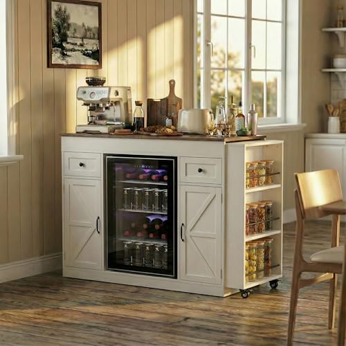 ARTETHYS 48”- 80” Extendable Kitchen Island with Fridge Storage for Kitchen | White Expanded Kitchen Counter with Compartment & Drawers, Sideboard Buffet Table with Cabinet and Side Rack - color: White