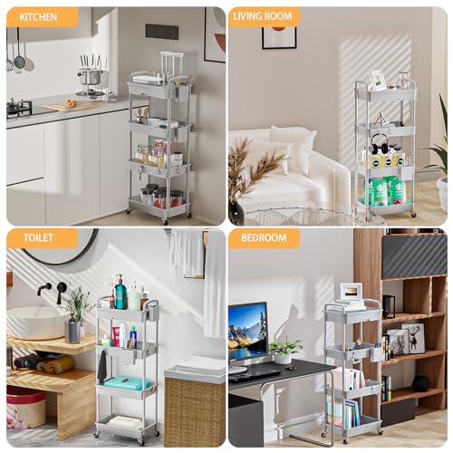 4 Tier Rolling Utility Cart with Drawer,REBECAT Utility Cart Made of Multifunctional Storage Organizer Tool for Kitchen,Bathroom,Living Room,Office(Gray) - color: Gery