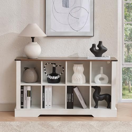 8 Cube Bookcase, Wooden Cube Storage Organizer Shelf, White Horizontal Book Shelf with LED Lights, Freestanding Display Cabinet for Living Room, Bedroom, Home Office