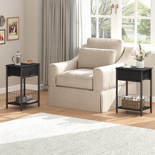 Nightstands Set of 2 with PU Leather Front Drawer, 3-Tier End Table with Bottom Mesh Basket, Industrial Bedside Tables for Bedroom, Black - color: Black