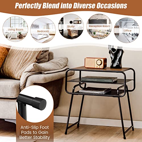 Giantex 3-Tier Side End Table with Shelf, Accent Side Table with Steel Frame, Modern Nightstand for Small Space, Couch Snack Table for Living Room Bedroom Study Easy Assembly (1, Brown & Black)