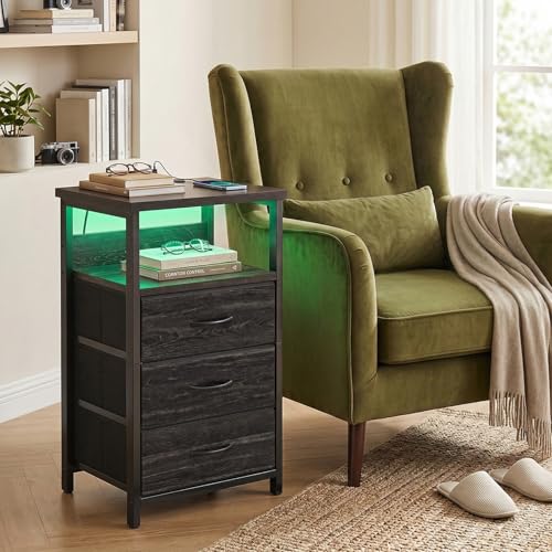 Fixwal Night Stand with Charging Station, LED Nightstand with Fabric Drawers, End Table with PU Finish, Bed Side Table, Black Oak - color: Black Oak, size: 27.6"H (3 drawers), style: Power+Light (1pc)
