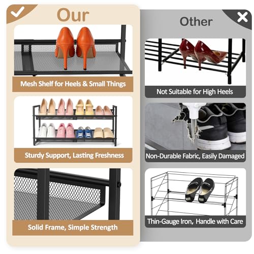 Expandable Shoe Rack, 2 Tier Adjustable Shoe Organizer with Flat & Slant Dual Use Design, Space Saving Shoes Stand for Closet & Entryway, Sturdy Dense Metal Grid Shoe Holder for High Heels, Sneakers
