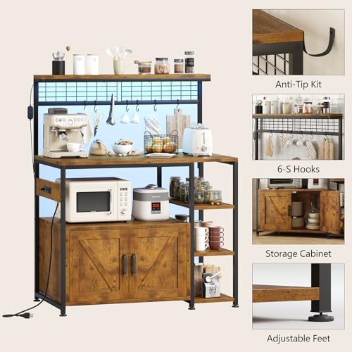 TVU Bakers Rack with Power Outlet and LED Light, Microwave Stand with Storage Cabinet, Coffee Bar Cabinet Station with 6 Hooks for Kitchen, Dining Room, Living Room, Coffee Bar, Rustic Brown, Black - color: Rustic Brown + Black