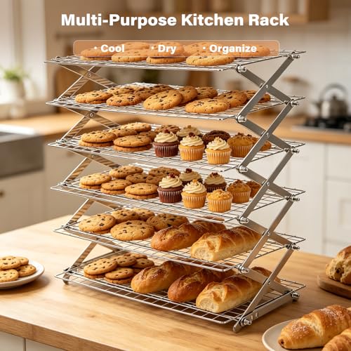 6 Tier Upgraded Collapsible Cooling Rack with Adjustable 3 Setting Design, Stackable Baking Rack with Clean Brush, Roasting Cooking Drying Wire Cooling Rack for Cookies Baking Roasting & Grilling - color: Silver