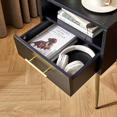 IBUYKE Nightstand, Mid Century Modern Night Stand, Bedside Table with Drawers and Open Storage Shelf, End Side Table with Metal Legs, for Bedroom, Small Spaces,Black UWNS004B - color: Black