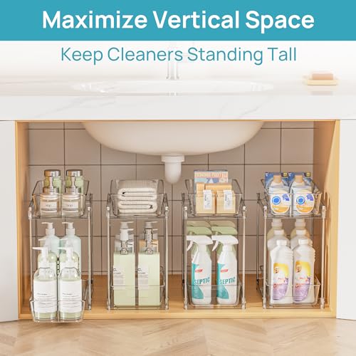 Vtopmart 4 Pack Higher Bathroom Under Sink Plastic Pull-Out Organizer (S-Higher) - color: Transparent, size: S-Higher (4 Pack)