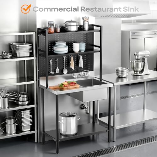VINGLI 67'' 304 Stainless Steel Commercial Sink, Freestanding Utility Sink Table with Drainboard, Adjustable Shelves,Pegboard for Hanging Tools, Heavy Duty Prep Sink for Kitchen Garage Laundry Room