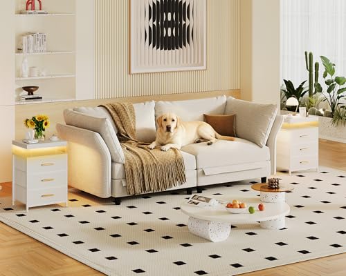 DreamDashio Nightstand Set of 2 with LED Lights, 3 Fabric Storage Drawers with PU Finish, Floating Top Design, Bedside Table with Open Shelf, End Table for Bedroom, Living Room, Office White - color: White(2 Pack)