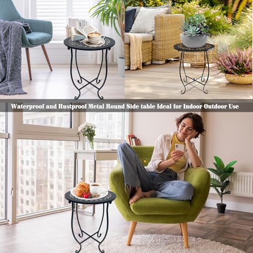 Round Side Table, 1 Pack 14 Inch Bedside Table for Living Room, Bedroom, Weather Resistant Black Metal Outdoor Side Table for Patio Balcony Yard Porch Garden, Plant Stand for Indoor Outdoor Use