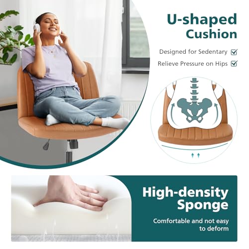 OLIXIS Criss Cross Chair with Wheels, Vanity Chair, Home Office Desk | Wide Seat Armless, Faux Leather, Height Adjustable Swivel Rolling, Home Computer Task Seating for Bedroom Study, Brown PU - color: Brown Pu