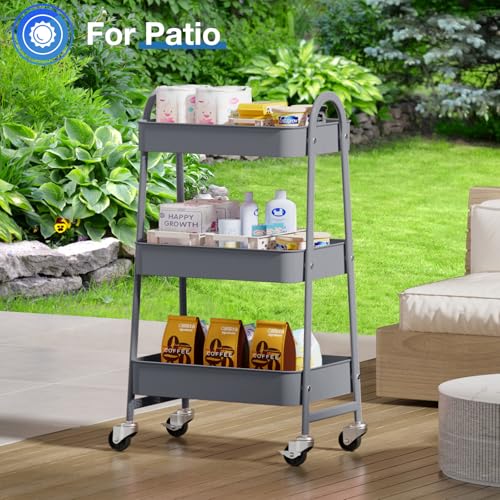 DUMOS 3 Tiers Metal Rolling Utility Cart with Lockable Wheels, Mobile Storage Organizer, Utility Shelving Unit for Kitchen, Office, Bathroom, Laundry, Narrow Places, Gray - color: 3 Tiers Gray