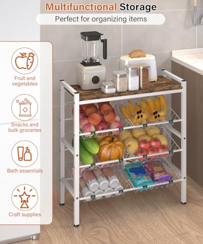 4-Tier Fruit and Vegetable Storage Rack with Wood Top & 6 Removable Baskets, Small Kitchen Island, Pantry Floor Organizer Stand Shelves for Onion Potato Snack Storage, White - style: 6 Baskets-White