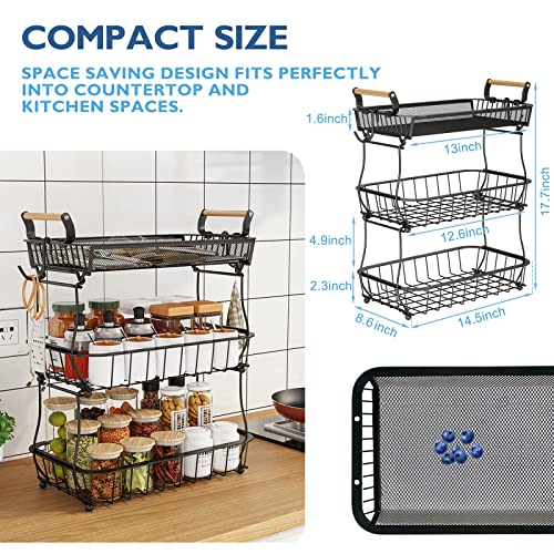 ANTOPY 3 Tier Fruit Basket with 2 Banana Hangers, Countertop Fruit Vegetable Basket Bowl for Kitchen Counter Metal Mesh Basket Fruits Stand Produce Holder Organizer for Onion Potato Bread Snack Veggie - color: Black (3 Tier with Banana Hangers & Mesh Top)