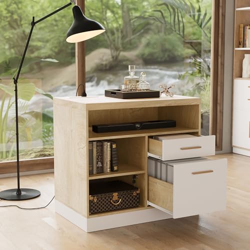 2 Drawer Wood File Cabinet for Home Office Storage, White Wanult | Filing Cabinet for A4 / Letter Documents, 31.5"W * 19.5"D * 29.5"H, Credenza w/ Built-in Power Outlet, Printer Stand - color: Light Walnut