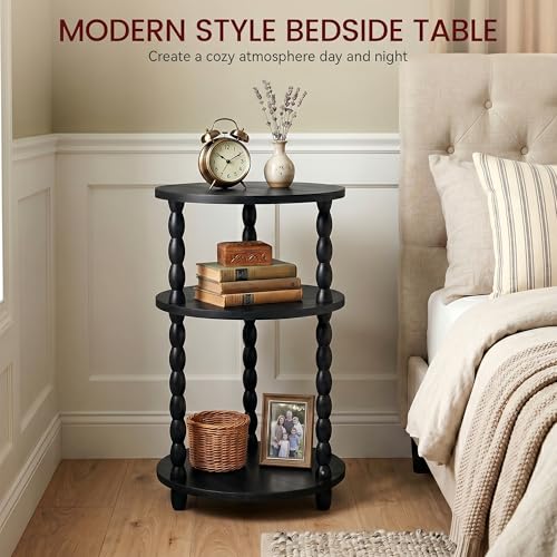 Small Round Side Table, 3-Tier Solid Wood End Table with Storage Shelf, Modern Bedside Tables Night Stand for Living Room, Bedroom, College Dorm, Small Space (Black) - color: Black