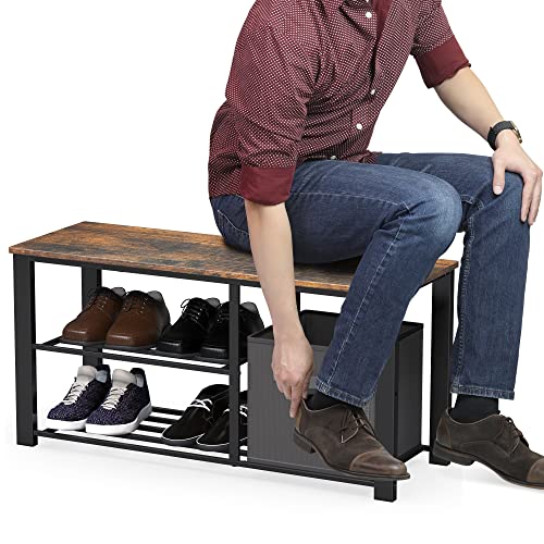 Simple Houseware 2 Tier Shoes Bench with Wood Top and Storage Bins, Rustic Brown - color: Rustic Brown, size: 35"