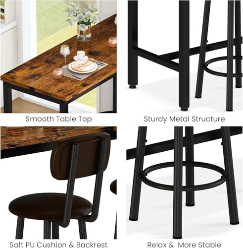 AWQM 47.2" Pub Height Table Set for 4,Kitchen Dining Set with 2 Bar Table Table and 4 PU Leather Stools with Backrest,for Breakfast Nook,Living Room,Small Space,Bar,Rustic Brown & Brown,(2 Set) - color: Rustic Brown
