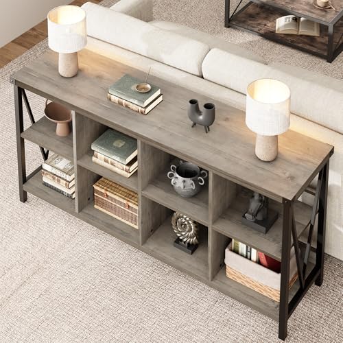 Narrow Console Tables, 2 Tier Entryway Table w/Storage Shelf, 8 Cube Storage Organizer and Shelves, Cube Shelf Bookshelf for Home and Bedroom, 13.4" D x 62.2" W x 30.3" H, Grey