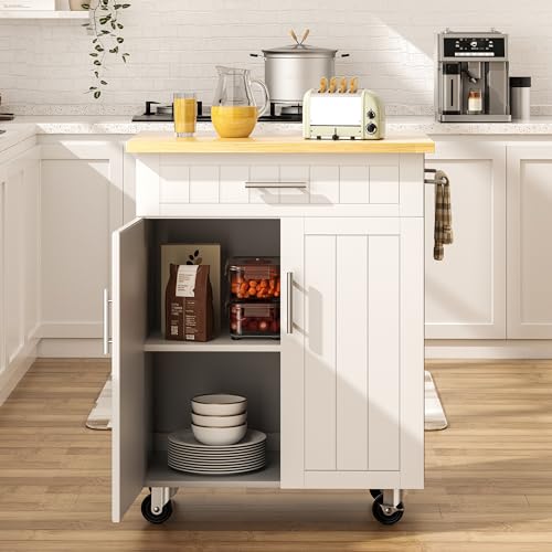 SUNLEI Rolling Kitchen Island Cart with Storage & Drawer – 26" Portable Kitchen Cart with Lockable Wheels, Towel Rack & Open Shelves for Kitchen, Dining Room, Living Room(White) - size: 26-IN