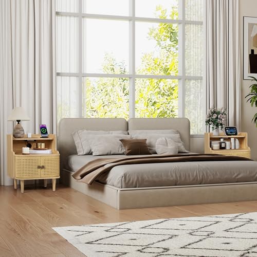 Storage End Table with 2 Door, Bed Side Table with Charging Station, Metal Rattan Nightstand for Bedroom, Desk Side Table for Living Room Couch Sofa, Office, Small Spaces - Natural - size: Door Natural-1pcs