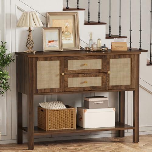 YOSHOOT Rattan Console Table with Storage, Entryway Table with 2 Doors & 2 Drawers, Farmhouse Coffee Bar for Kitchen, Living Room, and Entryway, Walnut - color: Walnut