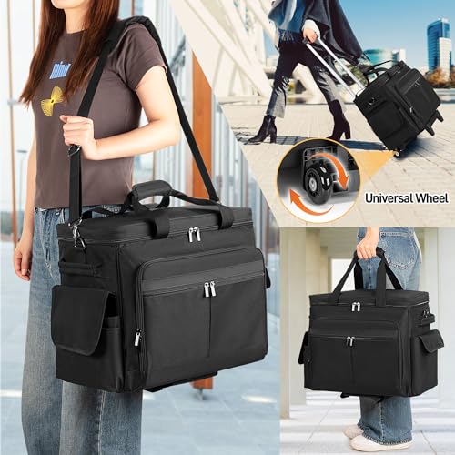Trunab Rolling Scrapbook Tote with File Pocket & Trolley, Craft Organizer | Expandable File Pocket, Detachable Trolley, Padded Sleeves for 15.6" Laptop, Scrapbooking Supplies & Art Tools - color: Black
